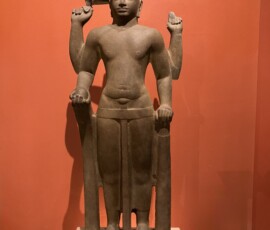 Vishnu
Tuol Village, Maha Sang Commune, Phnom Sruoch, Kampong Speu Province
Pre-Angkorian Period, Sambor Prei Kuk Style, First half of 7th Century
Sandstone