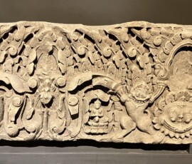 Lintel
Bayon Temple, Siem Reap Province
Angkorian Period, Bayon Style
Late 12th - Early 13th Century
Sandstone
Note the gouged out place where a figure was above Kala.